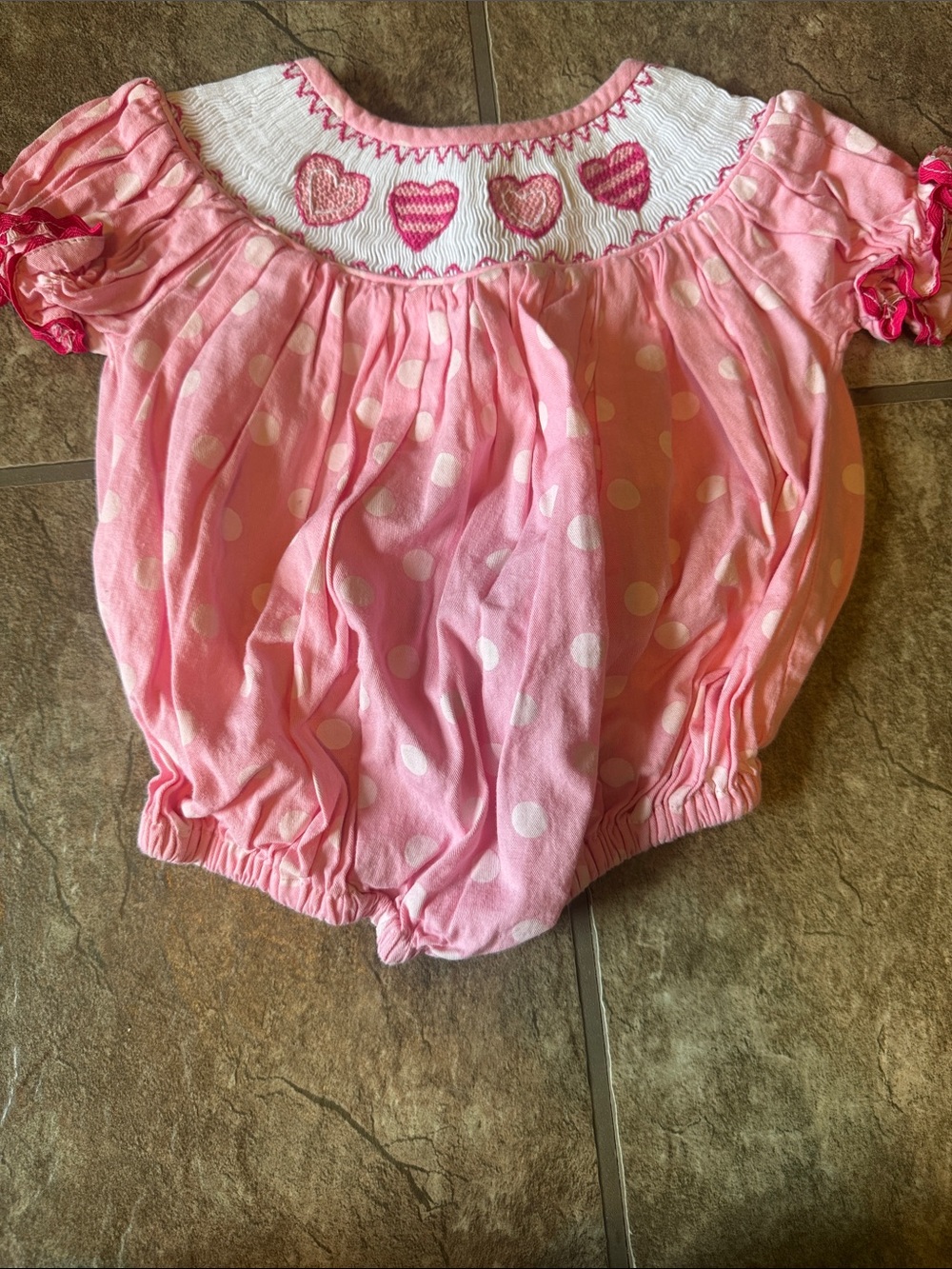 Nola Pink Polka Dot Baby One-Piece with Heart Smocking